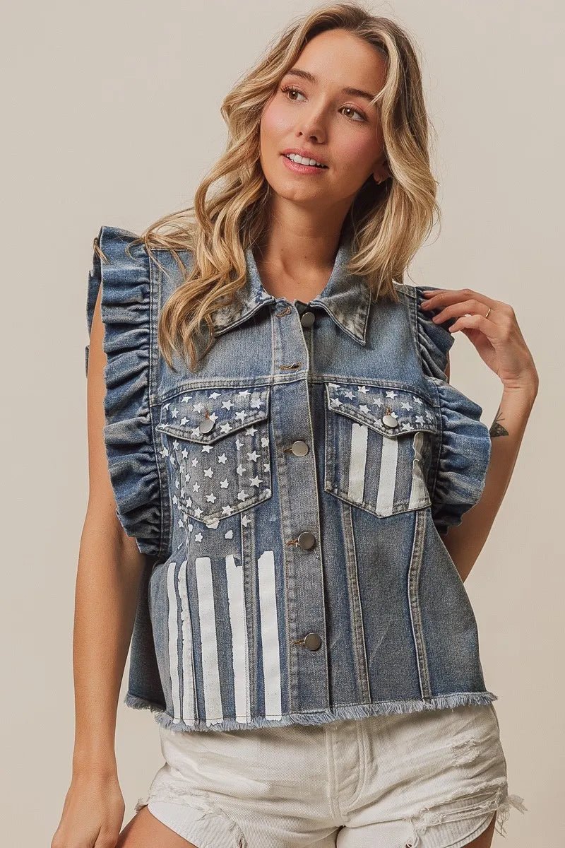 BiBi American Flag Washed Denim Jacket - Cowgirltops.com