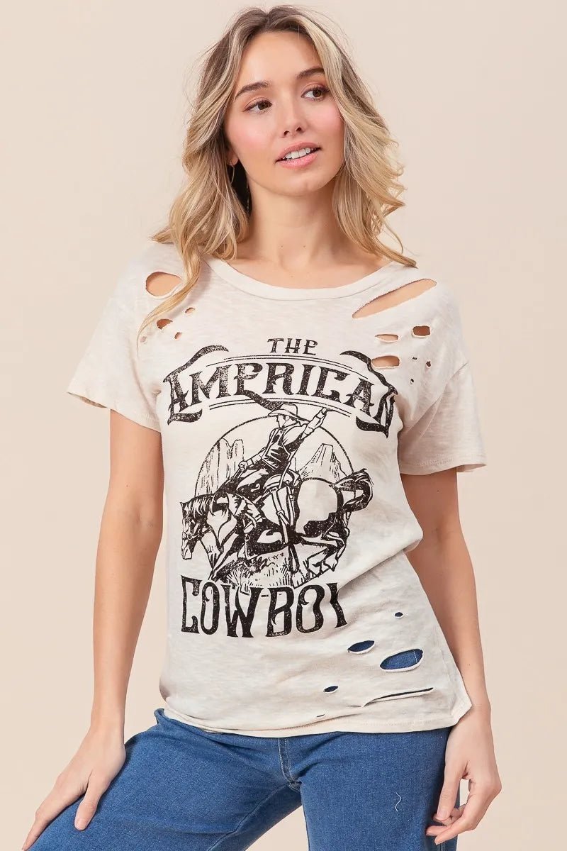 BiBi Cotton Slub Laser Top American Cow Boy Graphic - Cowgirltops.com