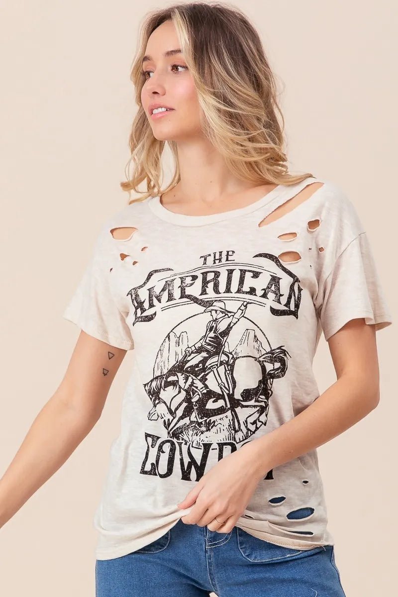 BiBi Cotton Slub Laser Top American Cow Boy Graphic - Cowgirltops.com