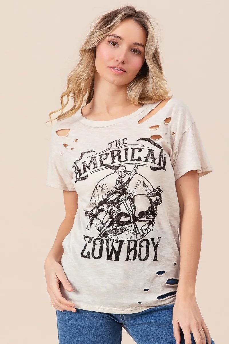 BiBi Cotton Slub Laser Top American Cow Boy Graphic - Cowgirltops.com