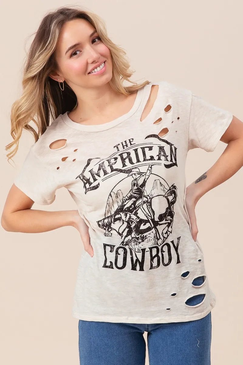 BiBi Cotton Slub Laser Top American Cow Boy Graphic - Cowgirltops.com