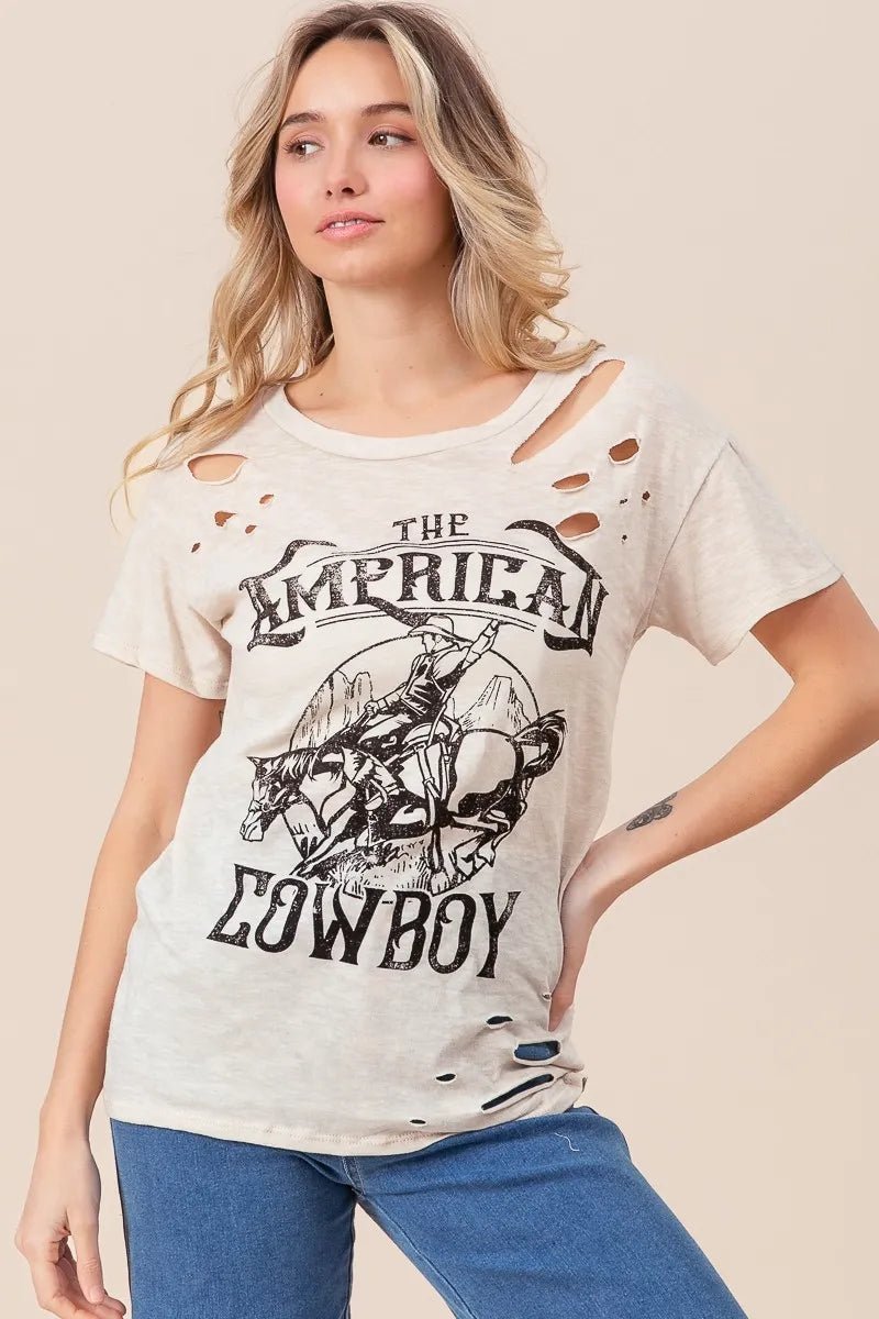 BiBi Cotton Slub Laser Top American Cow Boy Graphic - Cowgirltops.com