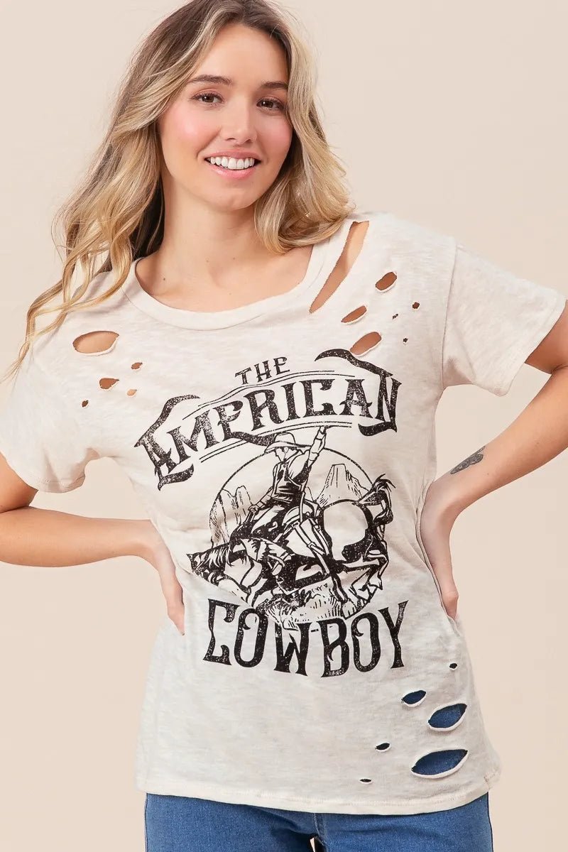 BiBi Cotton Slub Laser Top American Cow Boy Graphic - Cowgirltops.com
