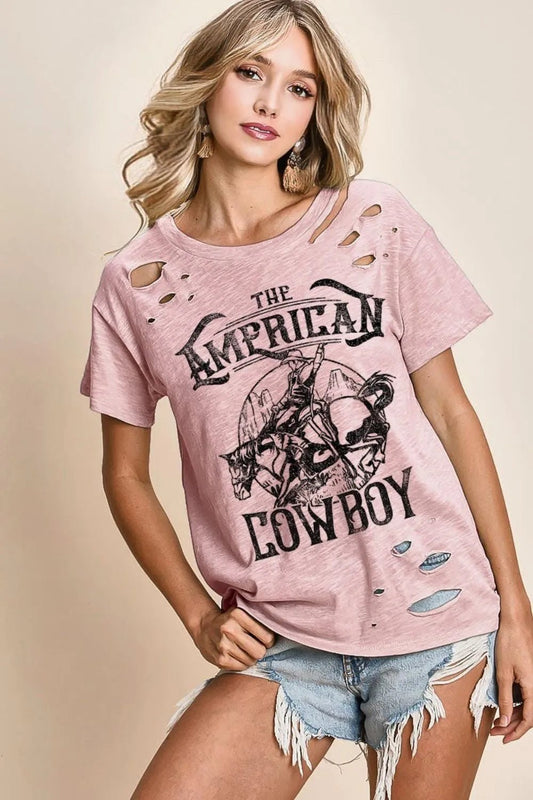 BiBi Cotton Slub Laser Top American Cow Boy Graphic - Cowgirltops.com