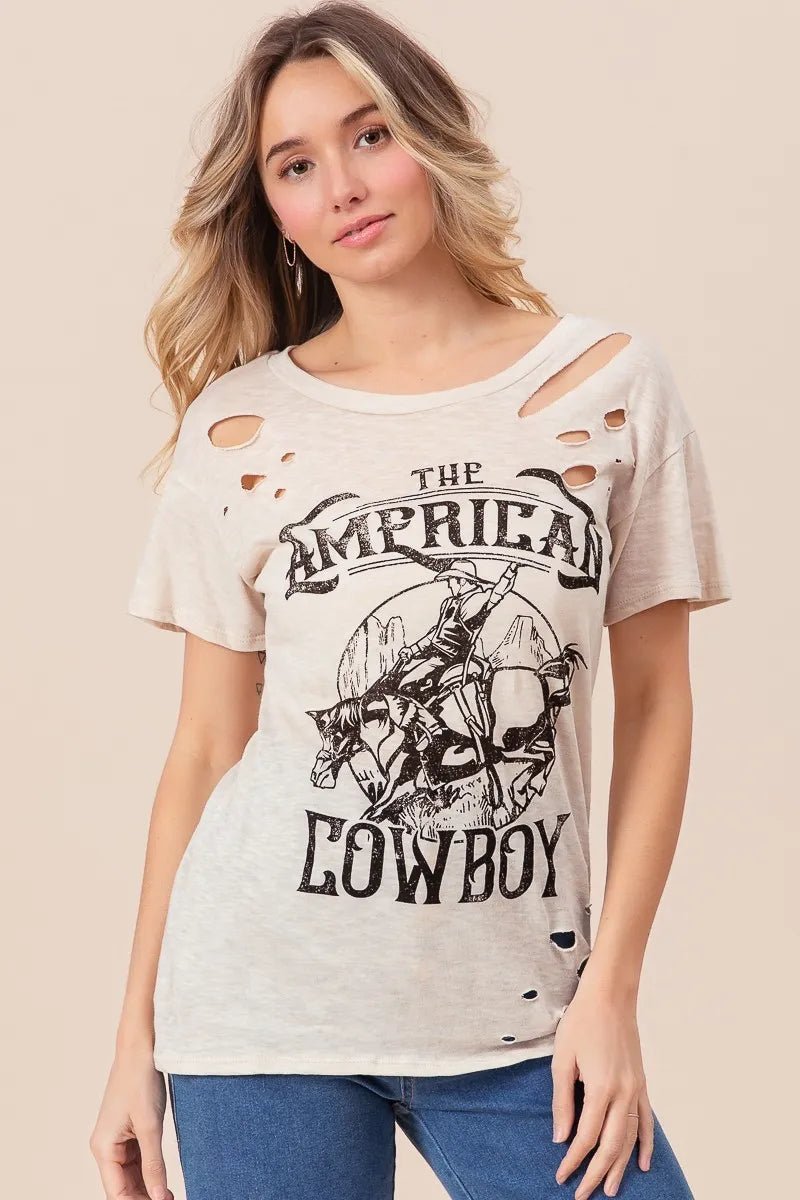 BiBi Cotton Slub Laser Top American Cow Boy Graphic - Cowgirltops.com