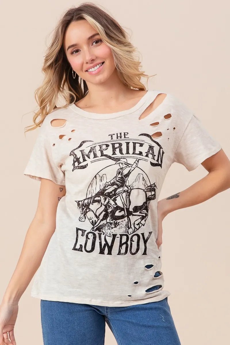 BiBi Cotton Slub Laser Top American Cow Boy Graphic - Cowgirltops.com