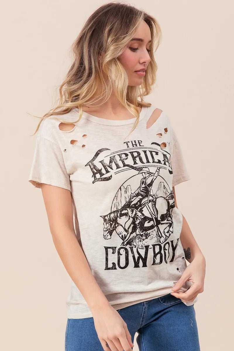 BiBi Cotton Slub Laser Top American Cow Boy Graphic - Cowgirltops.com