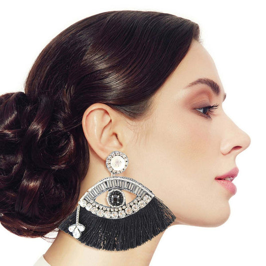 Black Tassel Rhinestone Eye Earrings - Cowgirltops.com