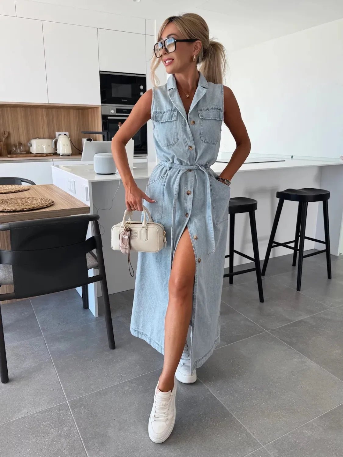 Button Front Sleeveless Denim Dress - Cowgirltops.com