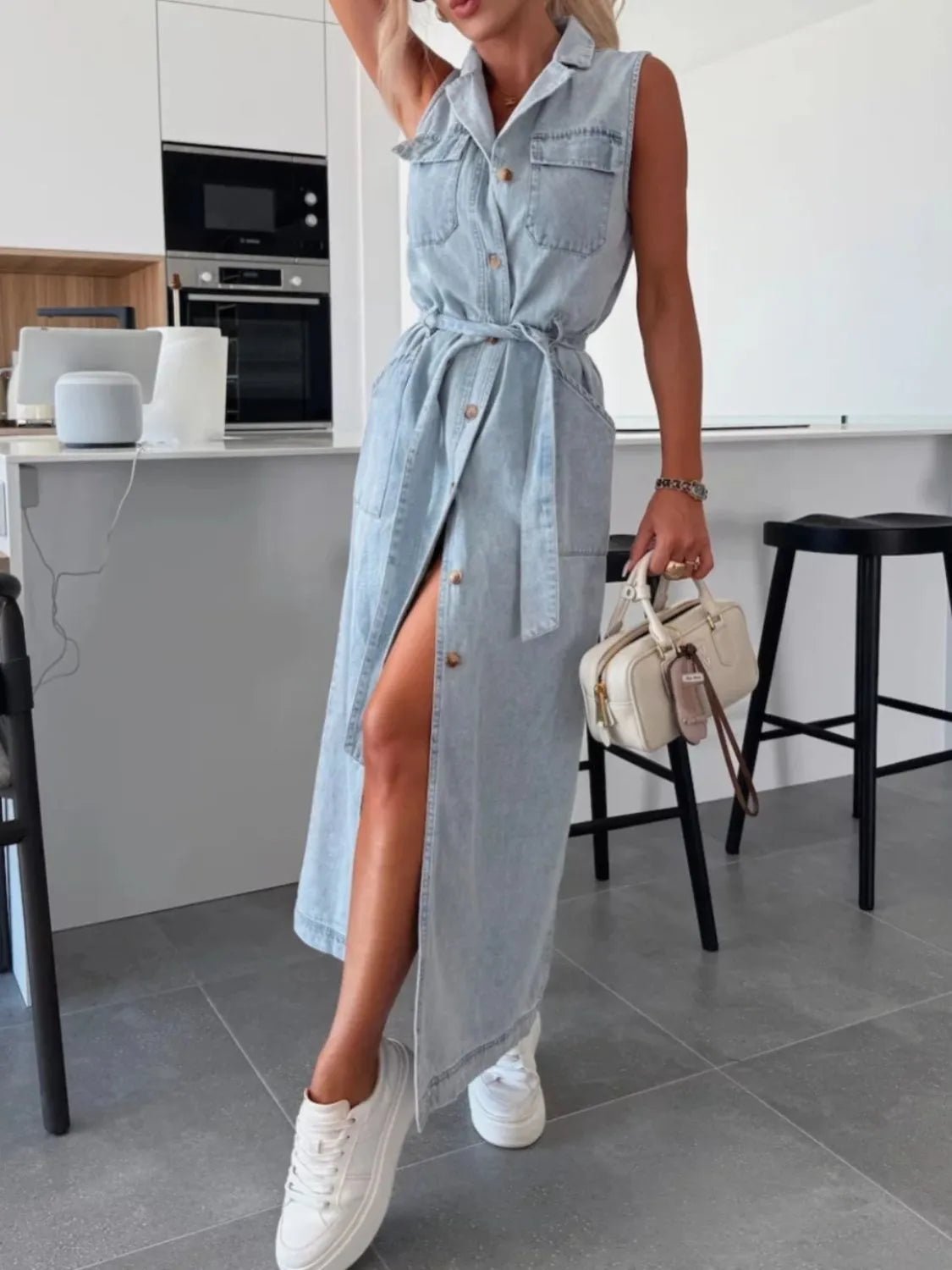 Button Front Sleeveless Denim Dress - Cowgirltops.com