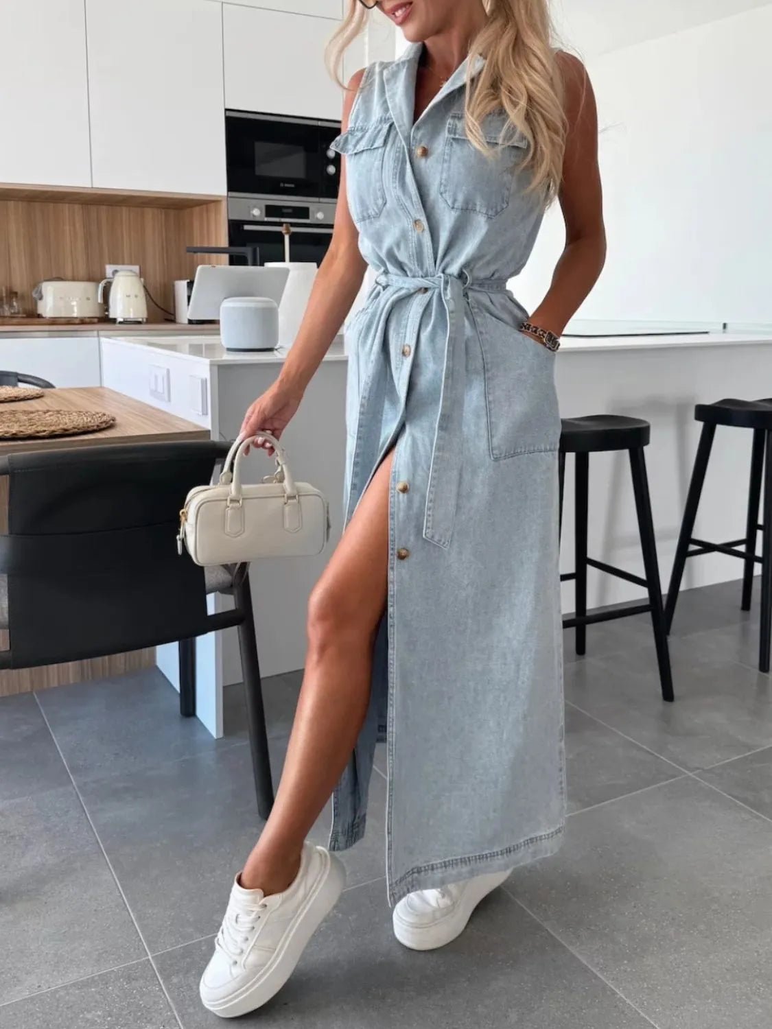 Button Front Sleeveless Denim Dress - Cowgirltops.com
