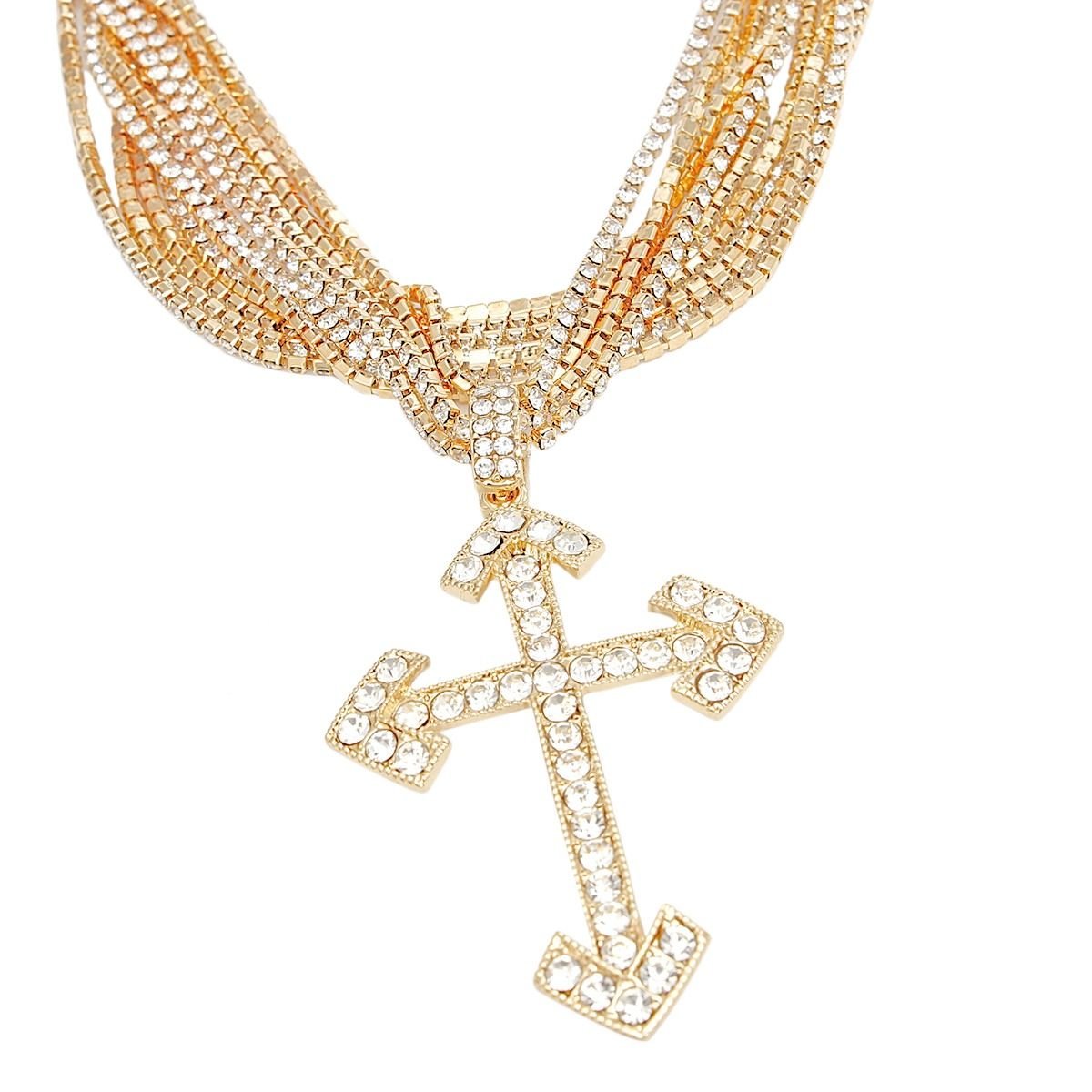 Choker Gold Rhinestone Layered Cross Necklace - Cowgirltops.com