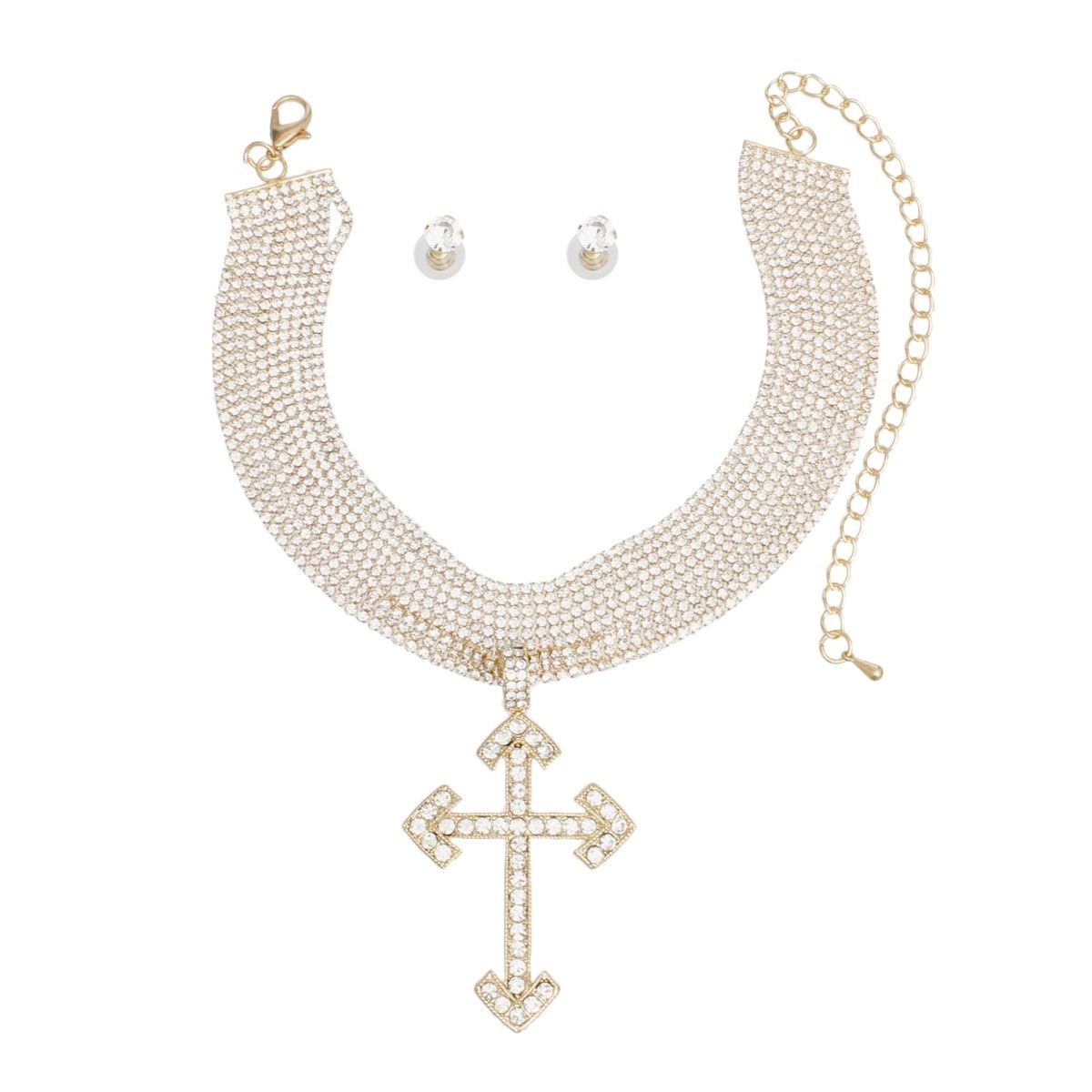 Choker Gold Rhinestone Layered Cross Necklace - Cowgirltops.com
