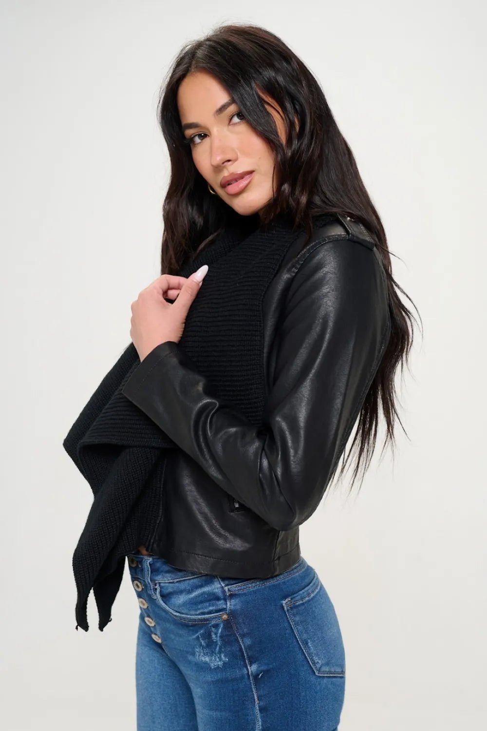 Coalition LA Knit Collared Faux Leather Crop Jacket - Cowgirltops.com