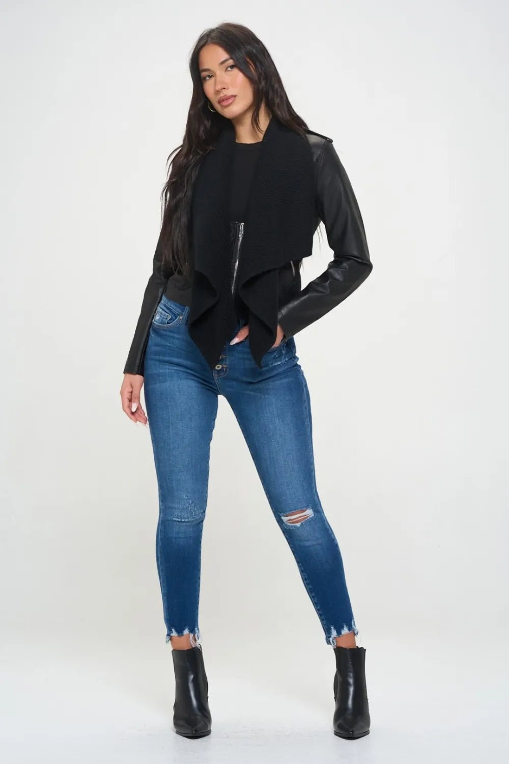 Coalition LA Knit Collared Faux Leather Crop Jacket - Cowgirltops.com
