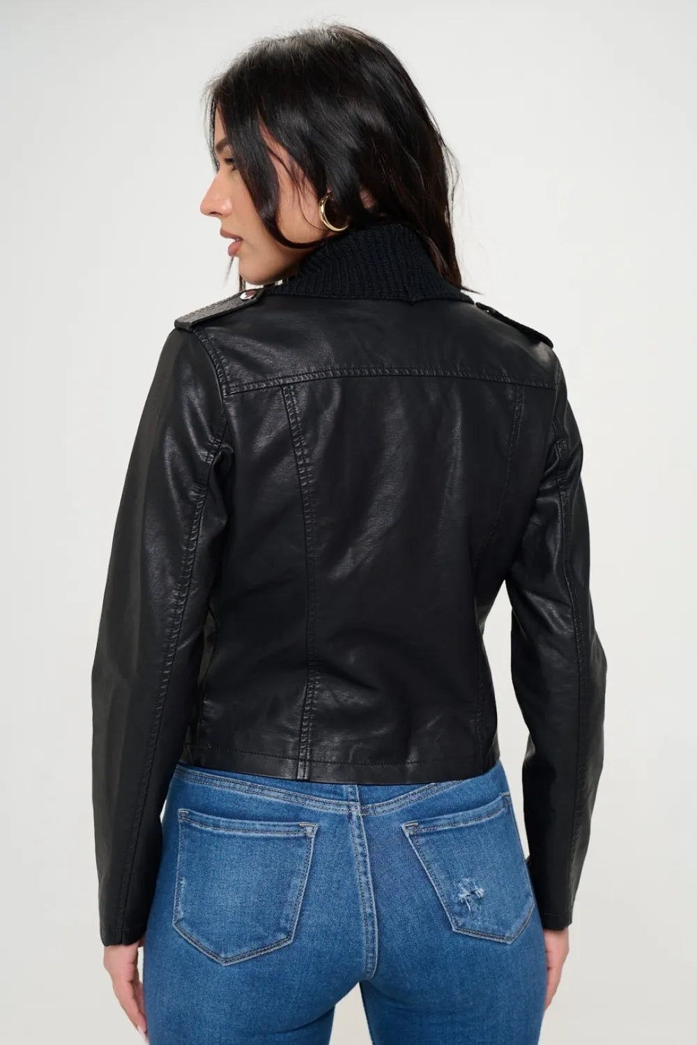 Coalition LA Knit Collared Faux Leather Crop Jacket - Cowgirltops.com