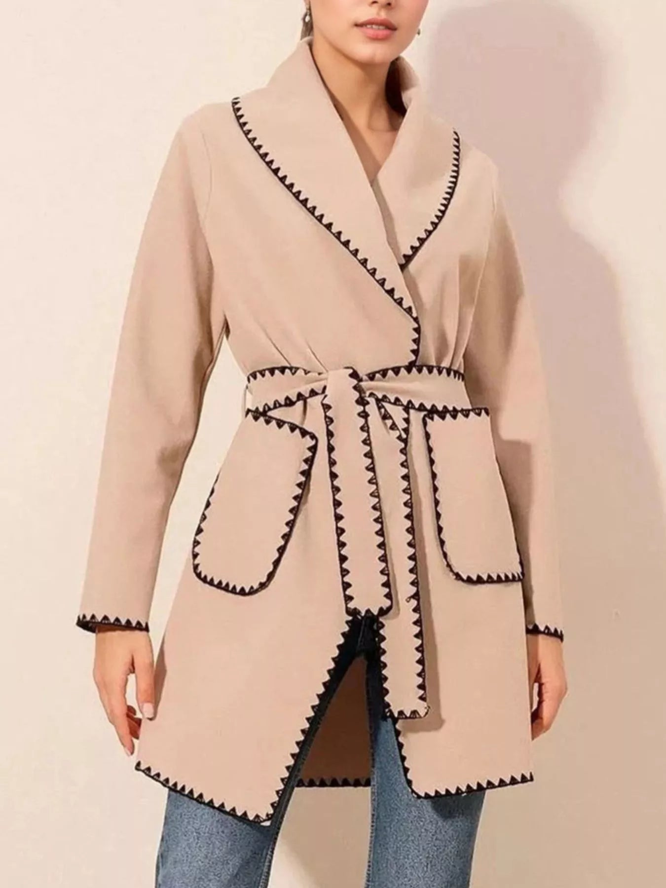 Contrast Trim Tie Waist Outerwear - Cowgirltops.com