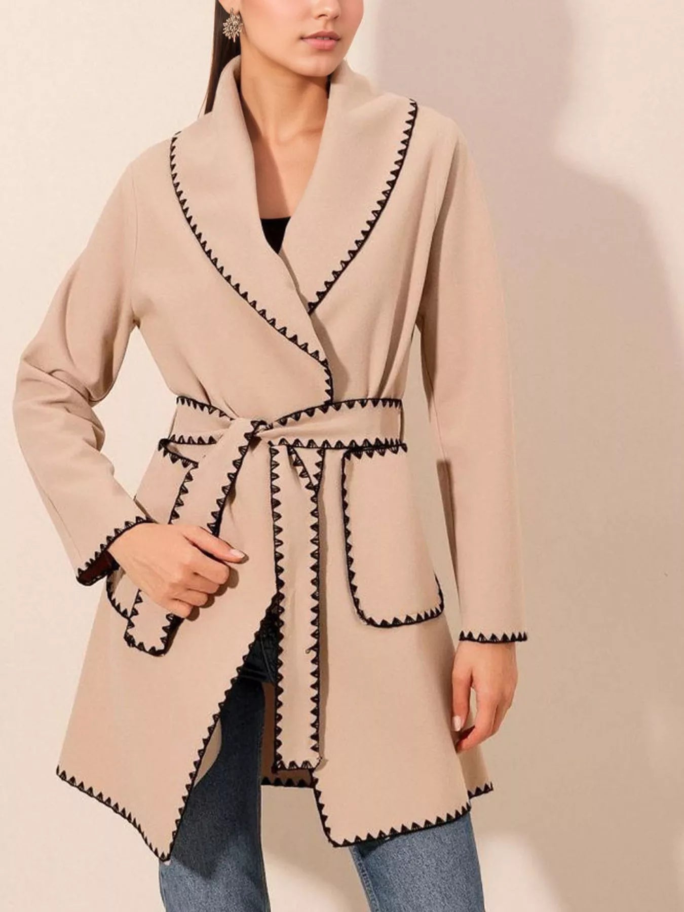 Contrast Trim Tie Waist Outerwear - Cowgirltops.com