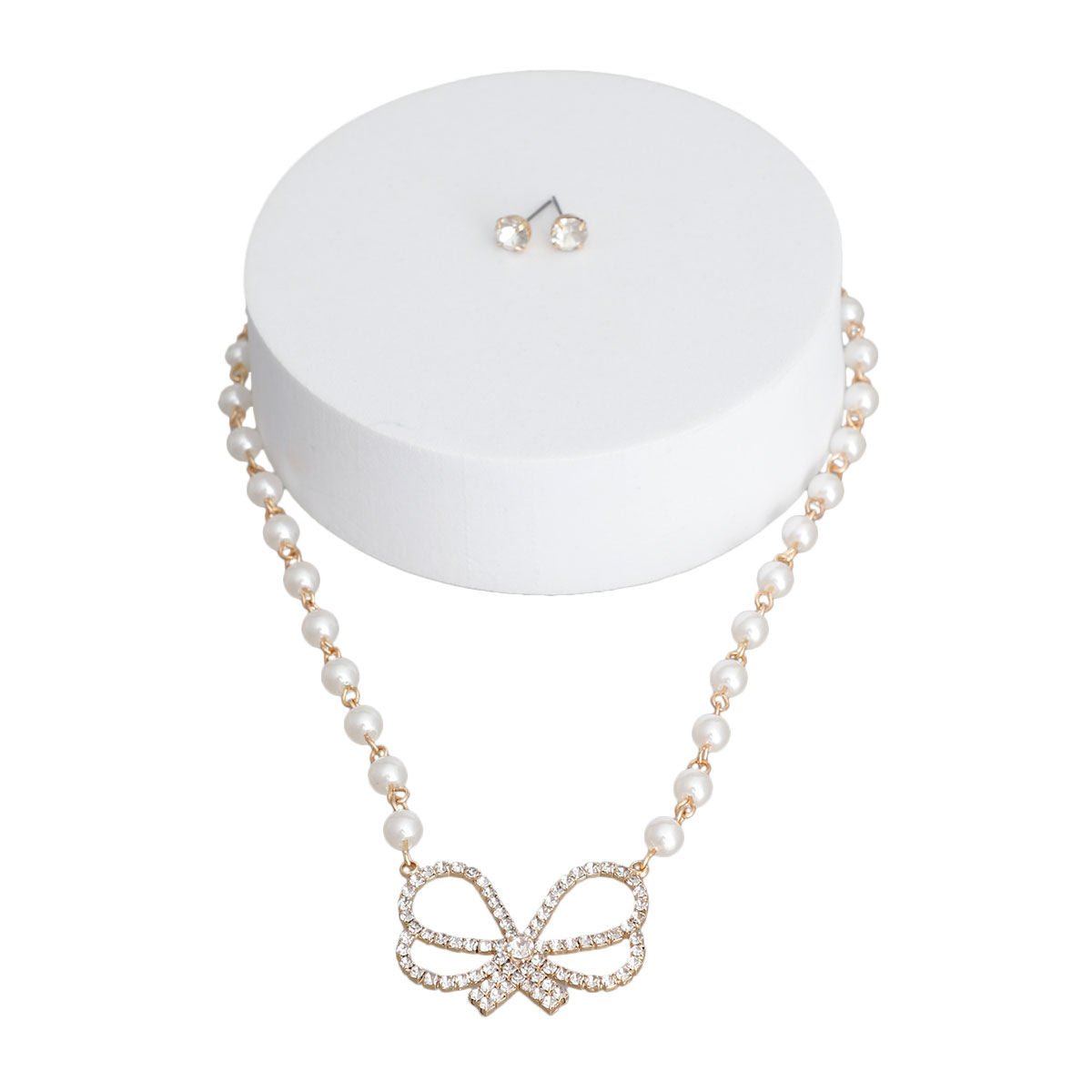 Cream Pearl Rhinestone Bow Necklace - Cowgirltops.com