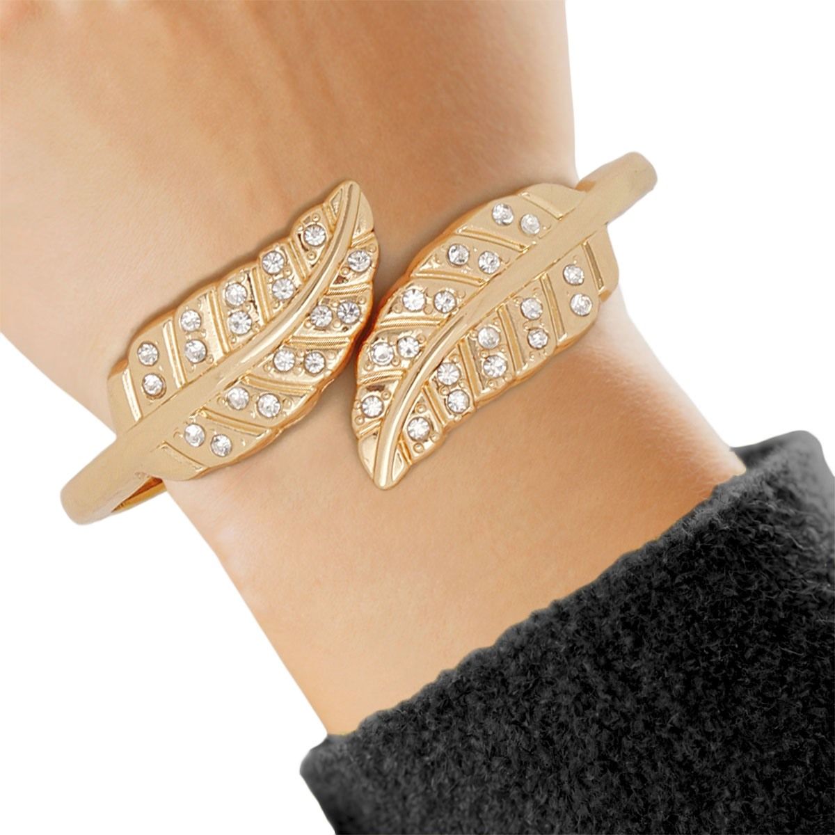 Cuff Polished Gold Rhinestone Wrap Leaf Bracelet - Cowgirltops.com