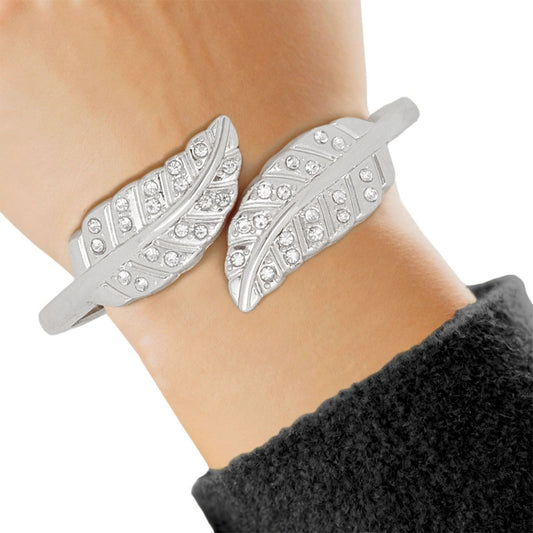 Cuff Polished Silver Rhinestone Wrap Leaf Bracelet - Cowgirltops.com
