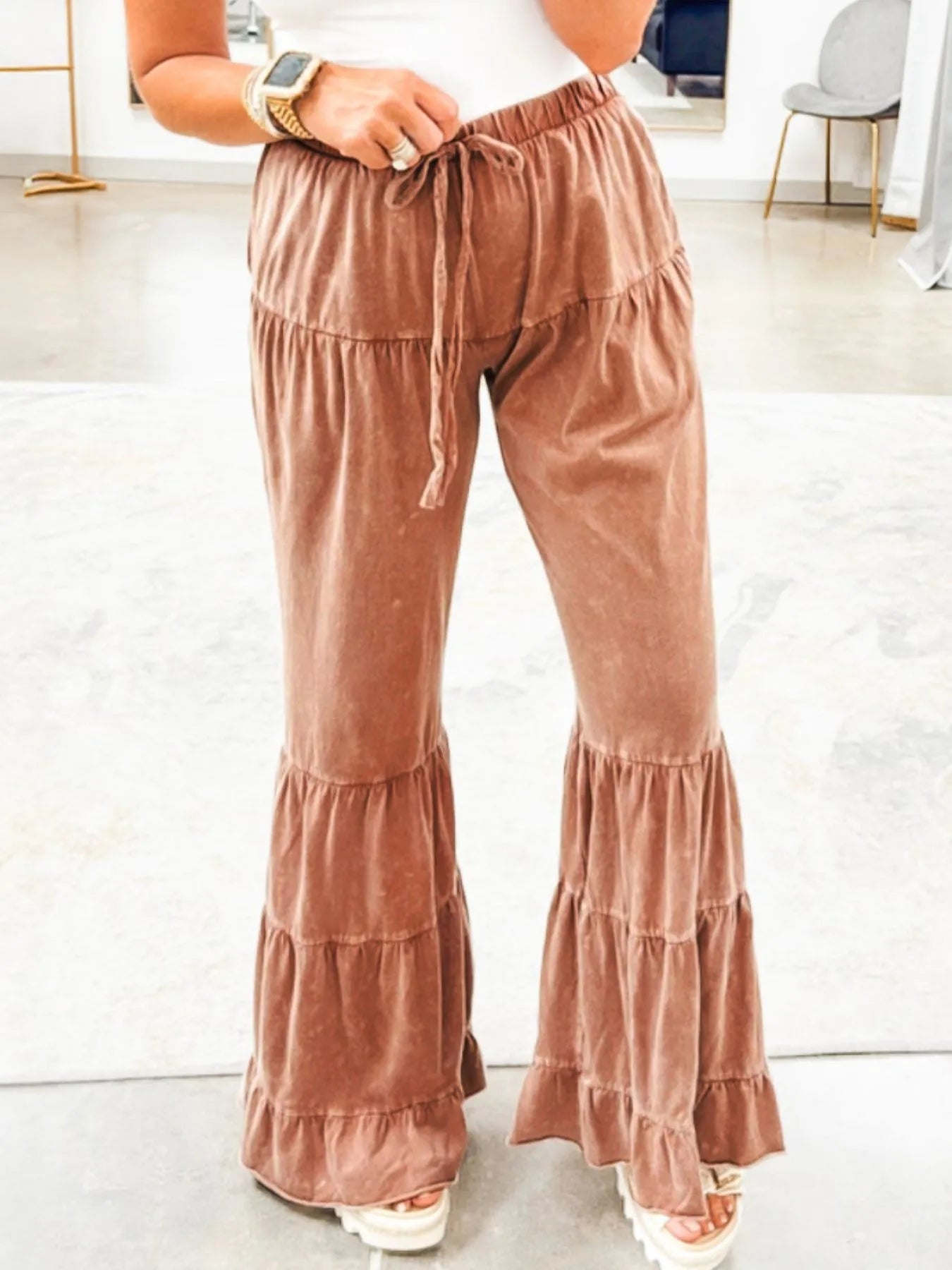 Drawstring Flare Ruffle Pants - Cowgirltops.com