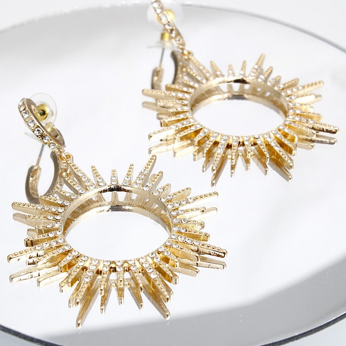 Drop Gold Open Hoop Sunburst Rhinestone Earrings - Cowgirltops.com
