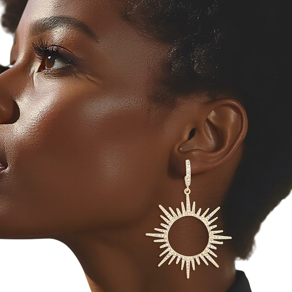 Drop Gold Open Hoop Sunburst Rhinestone Earrings - Cowgirltops.com