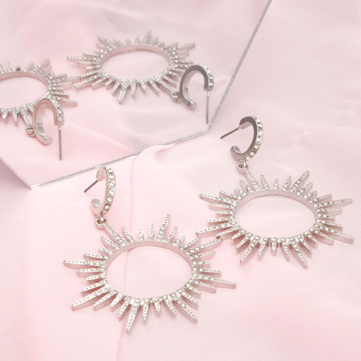 Drop Silver Open Hoop Sunburst Rhinestone Earrings - Cowgirltops.com