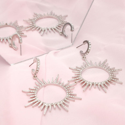 Drop Silver Open Hoop Sunburst Rhinestone Earrings - Cowgirltops.com