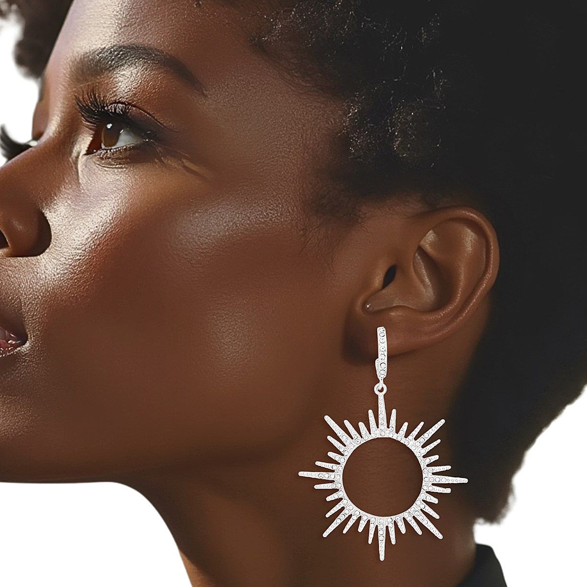 Drop Silver Open Hoop Sunburst Rhinestone Earrings - Cowgirltops.com