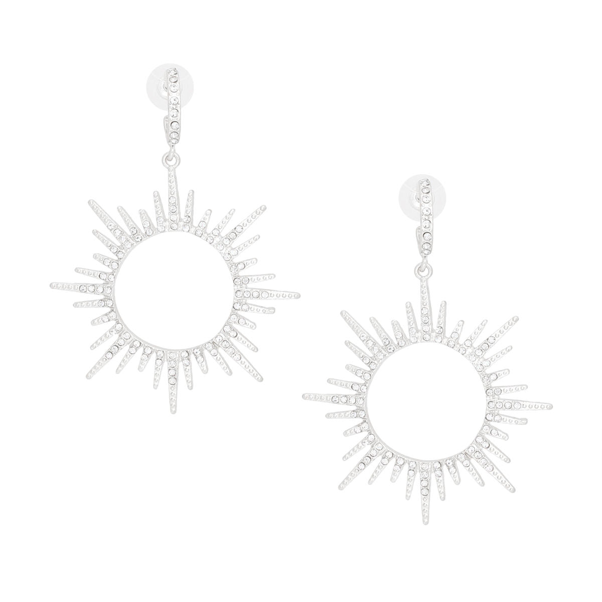 Drop Silver Open Hoop Sunburst Rhinestone Earrings - Cowgirltops.com