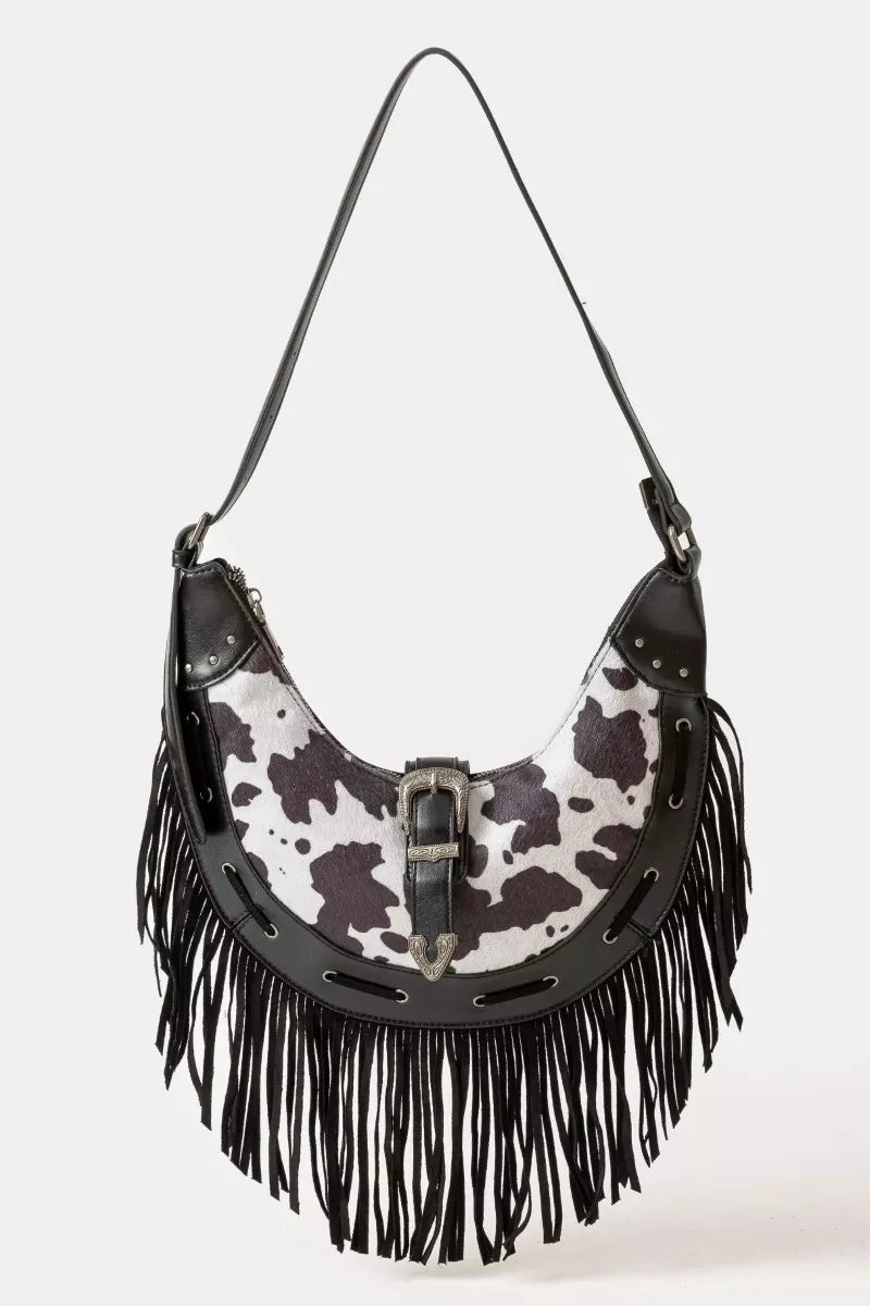 Fame Cow Print Faux Leather Fringe Hobo Bag - Cowgirltops.com