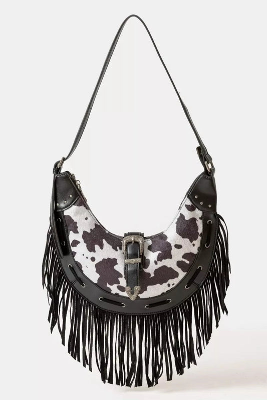 Fame Cow Print Faux Leather Fringe Hobo Bag - Cowgirltops.com