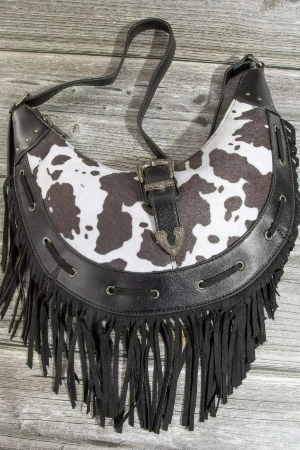 Fame Cow Print Faux Leather Fringe Hobo Bag - Cowgirltops.com