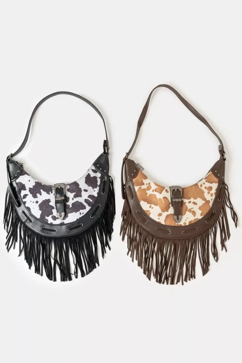 Fame Cow Print Faux Leather Fringe Hobo Bag - Cowgirltops.com