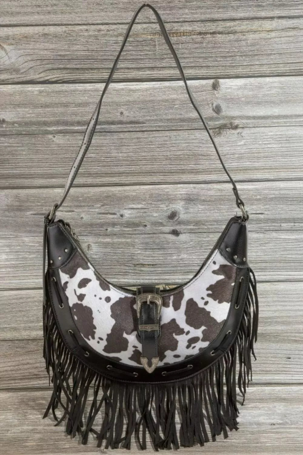 Fame Cow Print Faux Leather Fringe Hobo Bag - Cowgirltops.com