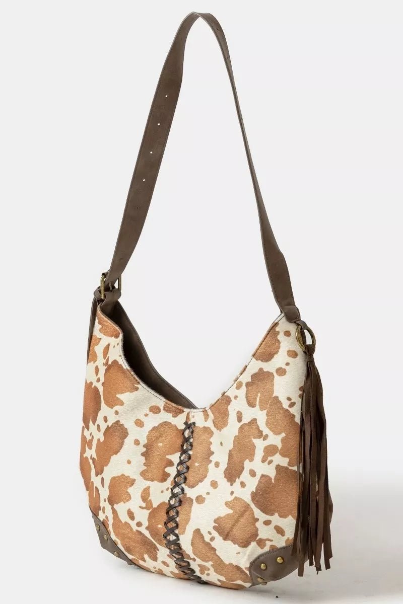 Fame Cow Print Hobo Shoulder Bag with Studded Details - Cowgirltops.com