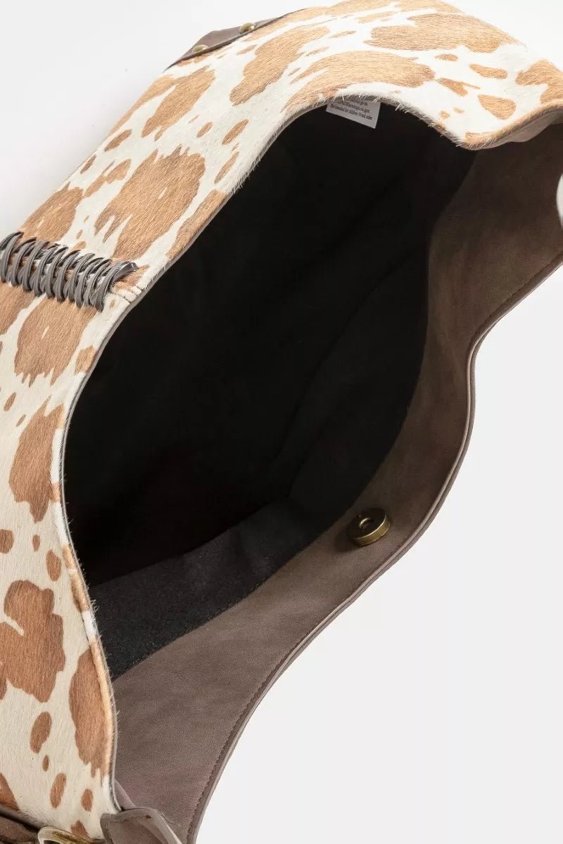 Fame Cow Print Hobo Shoulder Bag with Studded Details - Cowgirltops.com