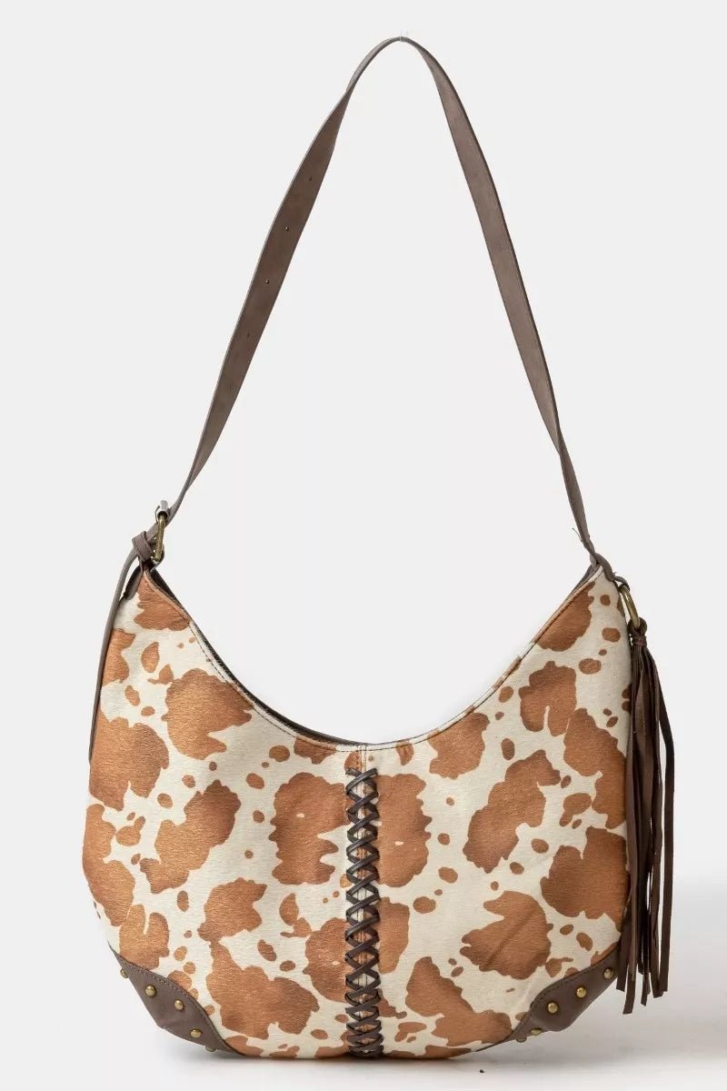 Fame Cow Print Hobo Shoulder Bag with Studded Details - Cowgirltops.com