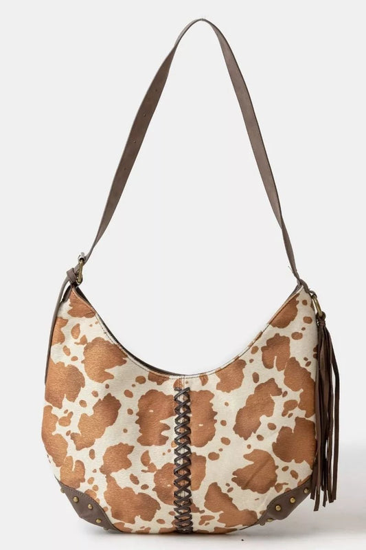 Fame Cow Print Hobo Shoulder Bag with Studded Details - Cowgirltops.com