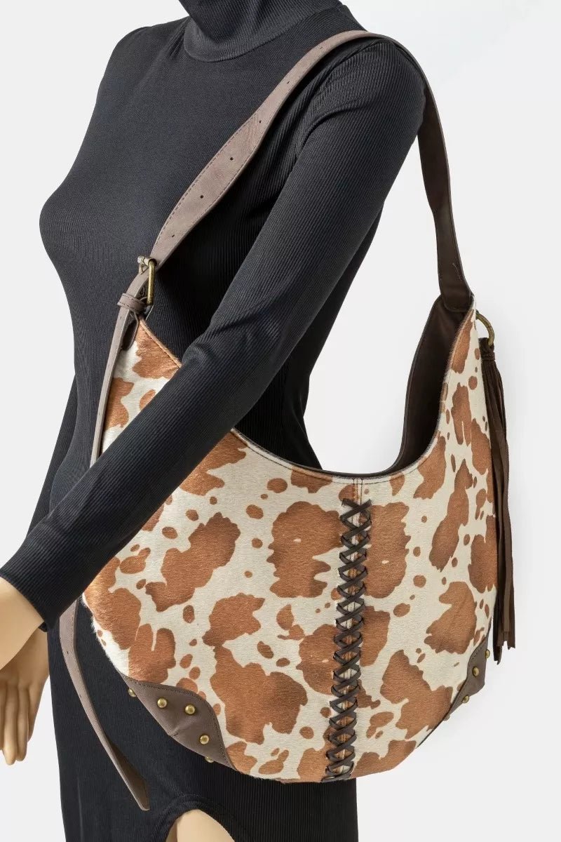 Fame Cow Print Hobo Shoulder Bag with Studded Details - Cowgirltops.com