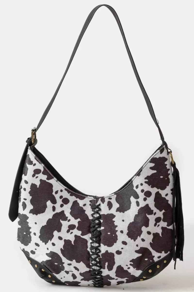 Fame Cow Print Hobo Shoulder Bag with Studded Details - Cowgirltops.com