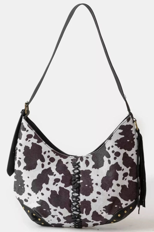 Fame Cow Print Hobo Shoulder Bag with Studded Details - Cowgirltops.com
