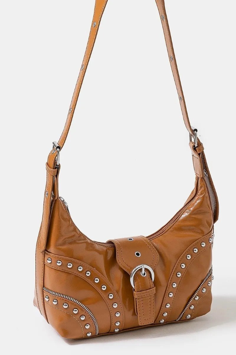 Fame Faux Leather Studded Trim Shoulder Bag - Cowgirltops.com
