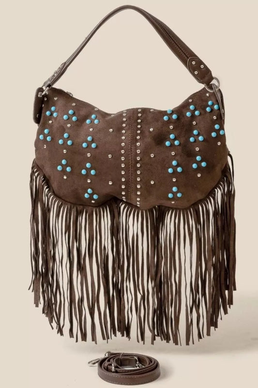 Fame Studded Pattern Multi Fringe Hobo Shoulder Bag - Cowgirltops.com