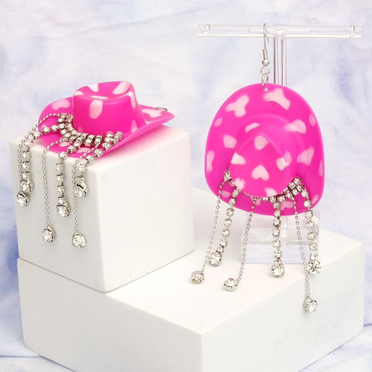 Fish Hook Fuchsia White Cowgirl Hat Fringe Earring - Cowgirltops.com