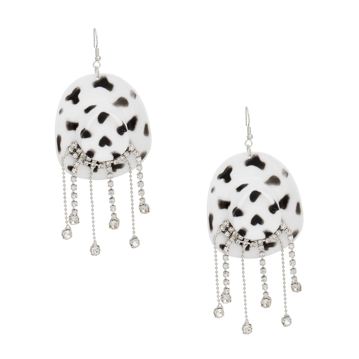 Fish Hook White Black Cowgirl Hat Fringe Earrings - Cowgirltops.com
