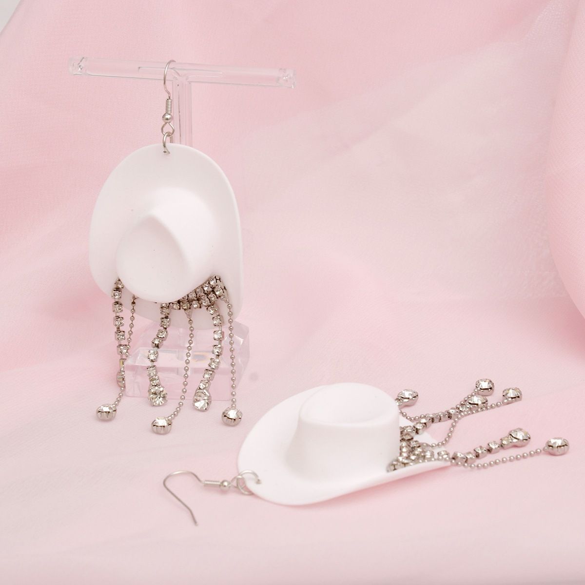 Fish Hook White Cowgirl Hat Fringe Earrings - Cowgirltops.com