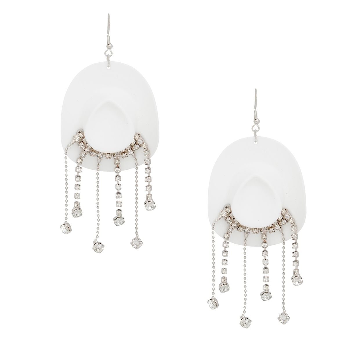Fish Hook White Cowgirl Hat Fringe Earrings - Cowgirltops.com